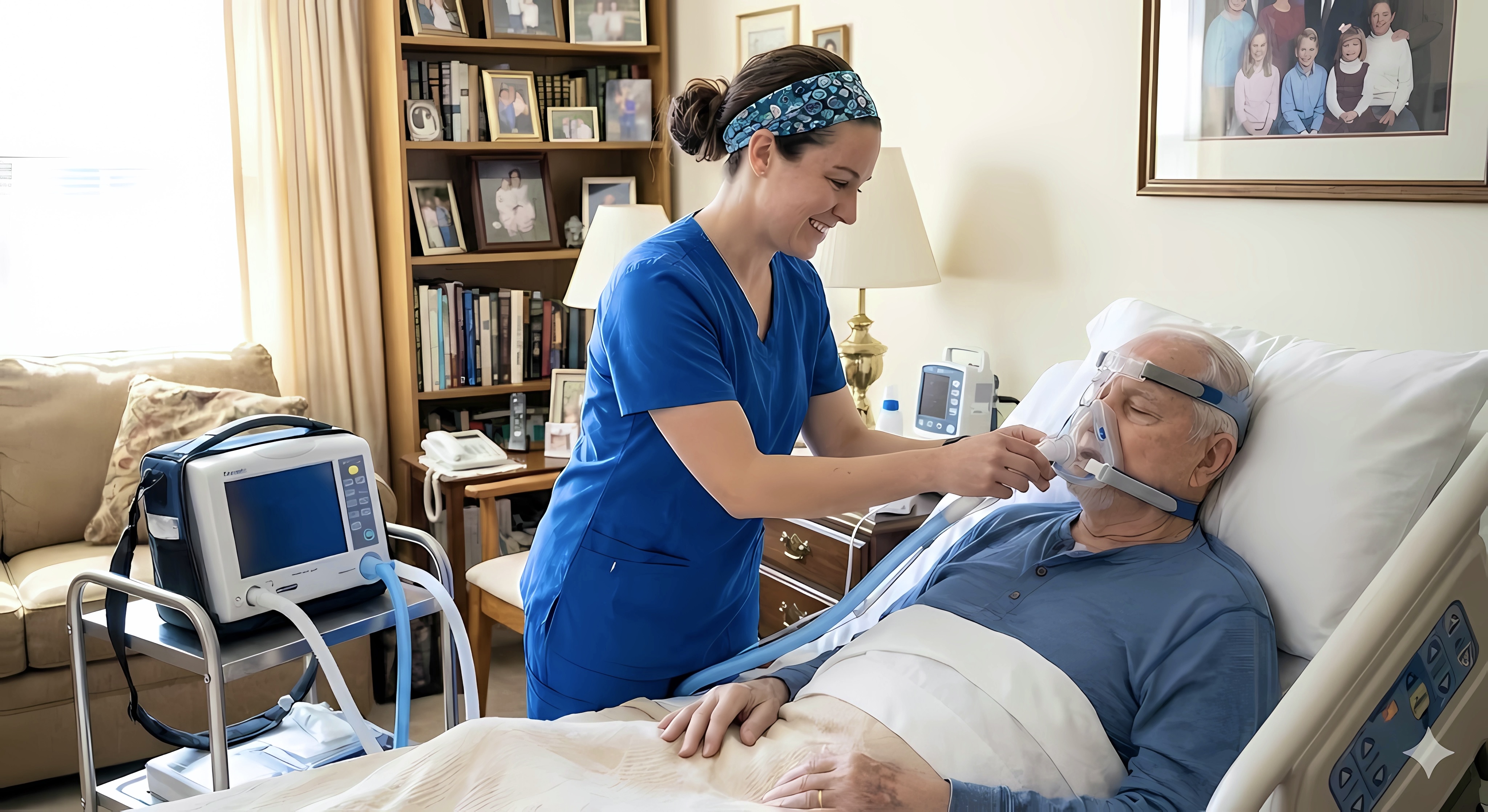 Specialized ICU nurse in blue scrubs adjusting ventilator mask